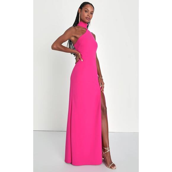 Lulus Hot Pink Asymmetrical Cutout Halter Keep It Interesting Maxi Dress Size M - Picture 11 of 12
